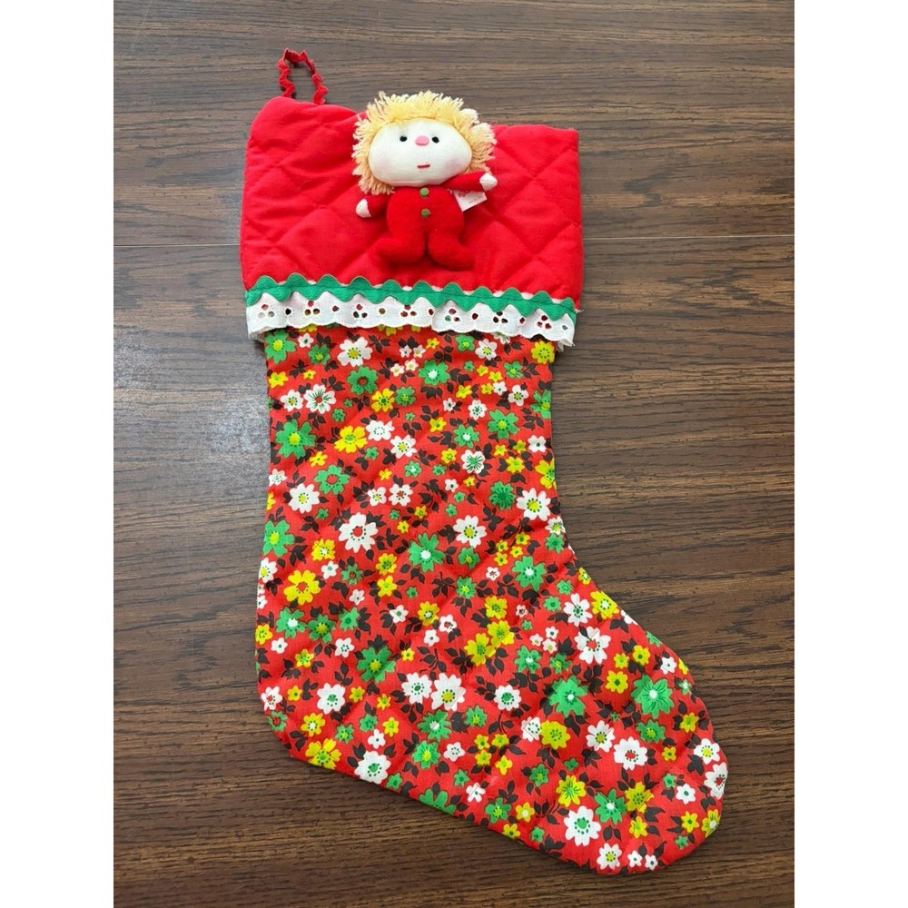 Vintage Quilted Floral Calico Christmas Stocking Russ Berrie Elf Doll